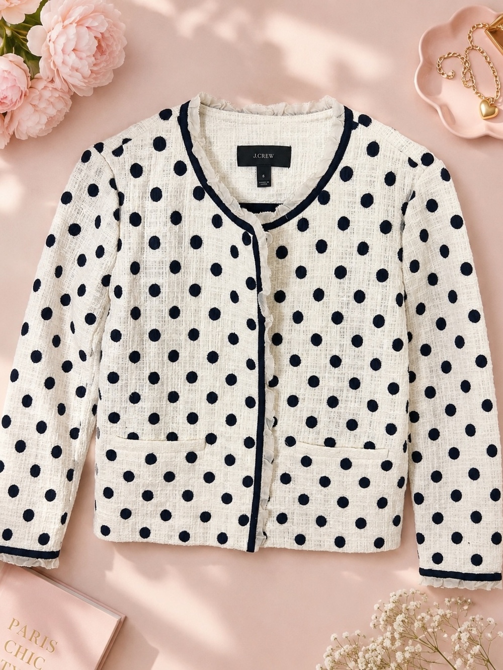 J.Crew Polka Dot Tweed Jacket White Black Size 6 Classic